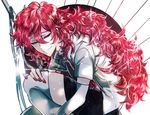  androgynous grin highres houseki_no_kuni long_hair looking_at_viewer open_clothes open_shirt padparadscha_(houseki_no_kuni) red_eyes red_hair shirt shunnyun smile solo sparkle thighhighs wavy_hair 