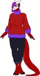  2018 alpha_channel anthro anti-alias big_breasts blue_eyes breasts claws clothed clothing digital_drawing_(artwork) digital_media_(artwork) dragon emily_vol-viing female gentle_puppet hair hair_over_eye horn ms_paint purple_hair scalie simple_background smile solo standing sweater sweatpants transparent_background wide_hips 