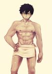  abs adonis_belt black_hair doudanuki_masakuni feet_out_of_frame gen_yoro hand_on_hip looking_at_viewer male_focus naked_towel navel nipples pectorals scar simple_background solo standing toned toned_male touken_ranbu towel towel_around_waist yellow_eyes 
