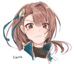  bangs beatrix_(granblue_fantasy) brown_eyes brown_hair commentary_request frown granblue_fantasy hair_ornament head ponytail portrait sayuco 