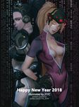  21yc_(september_breeze) 2girls back-to-back blizzard_(company) blonde_hair blue_eyes breasts cleavage company_connection cosplay costume_switch crossover happy_new_year highres looking_at_viewer medium_breasts multiple_girls new_year nova_(starcraft) nova_(starcraft)_(cosplay) one_eye_closed overwatch purple_hair purple_skin smile starcraft text_focus visor widowmaker_(overwatch) widowmaker_(overwatch)_(cosplay) yellow_eyes 