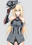  arm_behind_back ass_visible_through_thighs bare_shoulders bismarck_(kantai_collection) black_panties blonde_hair blue_eyes breasts brown_gloves commentary_request detached_sleeves gloves grey_background hat hat_tip highres kantai_collection large_breasts long_hair looking_at_viewer military_hat no_pants panties peaked_cap piro_(iiiiiiiiii) simple_background smile solo underwear very_long_hair 