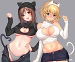  :d animal_ears animal_hat artist_name bangs bare_shoulders beanie black_sweater blonde_hair blue_pants blush bow bow_panties breasts brown_eyes brown_hair cat_cutout cat_ears cat_hat cat_tail check_commentary cleavage cleavage_cutout commentary commentary_request contrapposto cowboy_shot crop_top cropped_sweater denim denim_skirt detached_sleeves embarrassed eyebrows_visible_through_hair grey_background grey_panties groin hair_between_eyes hand_on_hip hand_up hat heart heart_in_eye heart_tail jeans large_breasts long_hair long_sleeves looking_at_viewer matarou_(genkai_toppa) multiple_girls navel no_bra open_fly open_mouth original panties pants paw_pose ribbed_sweater short_hair signature simple_background skirt sleeves_past_wrists smile standing sweater symbol_in_eye tail tareme teeth tongue turtleneck turtleneck_sweater underboob underwear unzipped white_panties 
