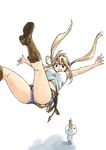  1girl ass blonde_hair breasts fairy_tail falling female hair_between_eyes happy large_breasts long_hair looking_at_viewer lucy_heartfilia mashima_hiro official_art plue shorts simple_background solo twintails 
