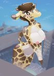  1girl artist_request breasts brown_eyes brown_hair city furry giantness giraffe nipples open_mouth solo 