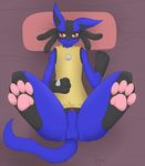  anatomically_correct animal_genitalia animal_penis balls bed black_fur blue_fur canine canine_penis digital_media_(artwork) digitigrade fur long_ears looking_at_viewer lucario lying male mammal nintendo on_back pads_(disambiguation) paws penis penis_tip pillow pink_pads pok&eacute;mon pok&eacute;mon_(species) presenting red_eyes selixjackal sheath simple_background smile solo spreading video_games yellow_fur 