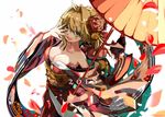  2018 blonde_hair blush breasts cleavage dutch_angle fate/extra fate/grand_order fate_(series) flower green_eyes hair_flower hair_ornament japanese_clothes medium_breasts nero_claudius_(fate) nero_claudius_(fate)_(all) off_shoulder oriental_umbrella parted_lips petals shino_(eefy) smile solo umbrella white_background wide_sleeves 