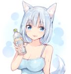  1girl :p animal_ears bare_arms bare_shoulders blue_camisole blue_eyes blue_hair blush bottle breasts camisole cleavage eyebrows_visible_through_hair fox_ears fox_tail highres holding holding_bottle large_breasts looking_at_viewer original short_hair smile solo sparkle sukemyon sweat tail tongue tongue_out upper_body water_bottle 
