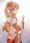  arrow bang_dream! blonde_hair brown_hair closed_mouth floral_print flower from_side hair_flower hair_ornament hamaya highres holding japanese_clothes kimono long_hair long_sleeves md5_mismatch multicolored multicolored_background obi piza_rokumai ponytail profile sash smile snow solo standing tsurumaki_kokoro 