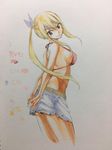  1girl ass blonde_hair breasts fairy_tail female hair_between_eyes large_breasts long_hair looking_at_viewer looking_back lucy_heartfilia mashima_hiro official_art photo ponytail shiny_skin solo traditional_media watercolors 