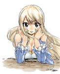  1girl blonde_hair breasts dated fairy_tail female hair_between_eyes large_breasts long_hair looking_at_viewer lucy_heartfilia mashima_hiro official_art simple_background solo 