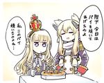  animal_ears azur_lane bangs black_hairband blonde_hair bow commentary_request crown food gloves hair_bow hairband headgear highres ishiyumi long_hair majo_no_takkyuubin mini_crown multiple_girls parody pie purple_eyes queen_elizabeth_(azur_lane) scarf sidelocks sitting speech_bubble stargazy_pie table translation_request warspite_(azur_lane) white_gloves 