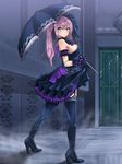  1girl black_outfit female full_body gloves high_heels holding_clothes holding_object lhu_(barappra1) original parasol pink_hair ponytail shoes skirt skirt_lift solo thighhighs tied_hair umbrella 