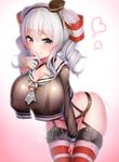  amatsukaze_(kantai_collection) amatsukaze_(kantai_collection)_(cosplay) blush breasts closed_mouth cosplay covered_nipples doyouwantto dress garter_straps gloves gradient gradient_background grey_eyes hair_tubes hat heart highres huge_breasts kantai_collection kashima_(kantai_collection) long_sleeves looking_at_viewer mini_hat pink_background sailor_dress short_hair signature silver_hair single_glove smile solo striped striped_legwear thighhighs twintails white_background white_gloves windsock 