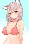  1girl animal_ears arms_behind_back bikini blue_background blue_sky blush breasts closed_mouth day ear_down fox_ears grey_hair highres large_breasts looking_at_viewer medium_hair navel original outdoors red_bikini red_eyes sky smile solo sukemyon swimsuit upper_body 