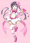  :d black_hair blend_s bow cosplay earrings gloves hair_bow hand_up jewelry long_hair looking_at_viewer magical_girl magical_girl_frill midriff navel open_mouth pink_background pink_bow pink_footwear purple_eyes quad_tails sakuranomiya_maika shoes skirt smile sparkle standing standing_on_one_leg thighhighs unya_(unya-unya) wand white_gloves white_legwear white_skirt 