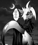  aylen_(character) balls blush butt city clothing cloud deity draggot_(species) hoodie male night presenting presenting_hindquarters raised_tail robe text white_crest 