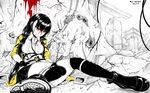  artist_name black_hair blood blood_on_face breasts bullet_hole commentary_request death empty_eyes fingerless_gloves girls_frontline gloves headshot highres low_twintails medium_breasts paper poster_(object) ro635_(girls_frontline) ruins shikikan sitting solo spoilers thighhighs twintails wall 