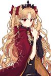  :&lt; absurdres asymmetrical_sleeves bangs black_leotard blonde_hair cape earrings ereshkigal_(fate/grand_order) fate/grand_order fate_(series) gold_trim highres jewelry leotard light_blush long_hair looking_at_viewer multicolored multicolored_cape multicolored_clothes osanai parted_bangs red_cape red_eyes red_ribbon ribbon single_sleeve skull solo spine tiara two_side_up white_background yellow_cape 