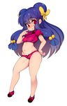  bow breasts commentary double_bun eyebrows_visible_through_hair full_body hair_bobbles hair_bow hair_ornament hand_on_hip highres long_hair looking_at_viewer medium_breasts midriff navel purple_hair ranma_1/2 red_eyes shampoo_(ranma_1/2) short_sleeves slugbox solo standing yellow_bow 