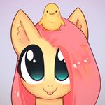  2018 avian baby bird blush chicken cute equine eyelashes female fluttershy_(mlp) friendship_is_magic grey_background hair headshot_portrait horse looking_at_viewer makeup mammal mascara mirroredsea my_little_pony pink_hair pony portrait simple_background smile solo_focus teal_eyes tongue tongue_out young 