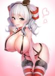  amatsukaze_(kantai_collection) amatsukaze_(kantai_collection)_(cosplay) breasts cosplay covered_nipples doyouwantto garter_straps gloves gradient gradient_background grey_eyes hair_tubes hat heart highres huge_breasts kantai_collection kashima_(kantai_collection) looking_at_viewer mini_hat open_mouth pink_background short_hair signature silver_hair single_glove solo striped striped_legwear thighhighs twintails wavy_mouth white_background white_gloves 