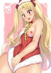  :o bangs between_breasts blonde_hair blush breasts breasts_outside christmas covering covering_crotch dress earrings embarrassed ereshkigal_(fate/grand_order) fate/grand_order fate_(series) fur_trim hair_ribbon hat highres jewelry long_hair necklace nipples parted_bangs red_dress red_eyes red_ribbon ribbon ryouya santa_costume santa_hat skull small_breasts solo spine star star_earrings two_side_up w 