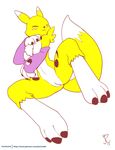 anthro breasts canine chest_tuft clothed clothing digimon eyes_closed female fur joe_randel mammal navel nipples partially_clothed pussy renamon signature simple_background solo spread_legs spreading tuft white_background white_fur yellow_fur 