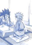  1girl barefoot couple cup eye_contact fairy_tail gajeel_redfox hand_on_own_chin japanese_clothes kneeling levy_mcgarden looking_at_another mashima_hiro monochrome piercing pillow smile spiked_hair table talking 