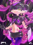  3d_rod! absurdres aori_(splatoon) black_gloves black_hair commentary_request crop_top earrings eyebrows gloves highres jewelry lipstick long_hair makeup midriff mole mole_under_eye navel object_on_head pantyhose pointy_ears red_lipstick short_eyebrows short_shorts short_sleeves shorts smile solo splatoon_(series) splatoon_2 spoilers stomach_tattoo sunglasses tattoo tentacle_hair very_long_hair visor 