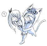  1boy 1girl ass bite boots breasts cat fairy_tail grabbing happy_(fairy_tail) long_hair lucy_heartfilia mashima_hiro medium_breasts monochrome official_art ponytail shorts simple_background white_background 