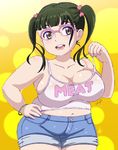  absurdres bangs belly bracelet breasts curvy fat glasses hair_ornament hand_on_hip highres jewelry large_breasts navel nikuko_(galko) oshiete!_galko-chan plump short_shorts shorts smile solo strap_pull tank_top twintails vzmk2 