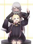  abigail_williams_(fate/grand_order) absurdres ahoge anger_vein bangs black_bow black_sweater blonde_hair bloomers blue_eyes blue_scrunchie blush bow crossover dress eyebrows_visible_through_hair fate/grand_order fate_(series) finger_in_another's_mouth grey_hair grin hair_ornament hair_scrunchie hair_tie highres holding imouto_sae_ireba_ii kani_nayuta long_hair long_sleeves looking_up multiple_girls open_mouth orange_bow scrunchie sitting sleeves_past_fingers sleeves_past_wrists smile standing sugar_(dndi888) sweater sweater_dress swept_bangs underwear v-shaped_eyebrows very_long_hair white_background 