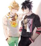  armlet black_hair blonde_hair blue_eyes casual chocobo final_fantasy final_fantasy_xv ginmu hands_in_pockets looking_at_viewer multiple_boys noctis_lucis_caelum prompto_argentum scarf smile spiked_hair wristband 