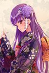  ayase_rin_(raramagi) blush closed_mouth floral_background floral_print flower from_side hair_flower hair_ornament japanese_clothes kanzashi kimono long_hair nail_polish obi profile purple_hair purple_nails raramagi red_eyes rurukuru sash sleeves_past_wrists smile solo tsumami_kanzashi very_long_hair 