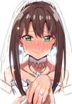  blush bridal_veil brown_hair choker commentary_request dress earrings erere eternal_bloom_(idolmaster) green_eyes idolmaster idolmaster_cinderella_girls idolmaster_cinderella_girls_starlight_stage jewelry long_hair necklace out_of_frame pov pov_hands ring shibuya_rin solo_focus strapless strapless_dress veil wedding_dress wedding_ring white_dress 