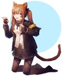  :3 :d animal_ears armband bangs black_footwear black_gloves black_legwear black_ribbon black_skirt boots brown_hair cat_ears cat_tail claw_pose fang fingerless_gloves full_body girls_frontline gloves hair_ornament hair_ribbon hairclip highres jacket kemonomimi_mode knee_boots kneeling long_hair long_sleeves mncpa open_clothes open_jacket open_mouth pantyhose red_eyes ribbon shirt sidelocks skirt smile solo tail twintails two-tone_background ump9_(girls_frontline) white_shirt 