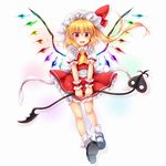  ascot blonde_hair commentary_request eyebrows_visible_through_hair fang flandre_scarlet full_body hat highres laevatein long_hair looking_at_viewer m9kndi mary_janes open_mouth red_eyes red_skirt shoes side_ponytail skirt solo touhou white_background wings wrist_cuffs yellow_neckwear 