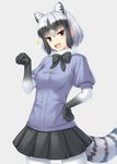  2017 :d animal_ears black_hair black_neckwear black_skirt blue_shirt breasts brown_eyes clenched_hand common_raccoon_(kemono_friends) dated eyebrows_visible_through_hair fang fur_collar grey_background grey_legwear hair_between_eyes hand_on_hip head_tilt kemono_friends looking_at_viewer medium_breasts miyai_sen multicolored_hair number open_mouth pantyhose paw_pose pleated_skirt puffy_short_sleeves puffy_sleeves raccoon_ears raccoon_tail shirt short_hair short_sleeves silver_hair skirt smile solo sparkle striped_tail tail white_hair 