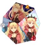  1girl amber_(stone) angry bangs black_nails blonde_hair cape choker commentary_request diamond earrings embarrassed ereshkigal_(fate/grand_order) fate/grand_order fate_(series) gem grey_eyes hair_ribbon highres jewelry light_blush long_hair multiple_views nail_polish parted_bangs petals red_eyes red_ribbon ribbon ruby_(stone) skull smile spine sweatdrop tiara two_side_up wavy_mouth yellow_eyes 