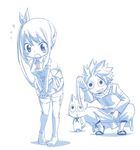  1boy 1girl blush breasts character_request chibi fairy_tail female lucy_heartfilia mashima_hiro medium_breasts monochrome natsu_dragneel shorts skirt smile tears thighhighs twintails 