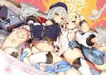  absurdres ahoge ass_visible_through_thighs azur_lane black_panties blonde_hair boots breasts brown_eyes commentary_request detached_sleeves dutch_angle eldridge_(azur_lane) facial_mark foreshortening gloves hairband hat highres leg_up long_hair mole mole_under_eye multiple_girls panties shanyao_jiang_tororo silver_hair small_breasts tattoo thighhighs twintails underwear very_long_hair white_gloves white_legwear yellow_eyes z46_(azur_lane) 