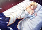  2017 :d antenna_hair archetype_earth arcueid_brunestud bare_shoulders bed blonde_hair blush breasts cleavage clenched_hand collarbone dated detached_sleeves dress eyebrows_visible_through_hair from_above large_breasts long_sleeves lying miyai_sen number on_bed on_side open_mouth petals pillow red_eyes short_hair smile solo tsukihime 
