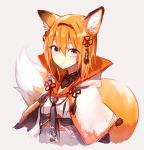  1girl animal_ears blush capelet closed_mouth eyebrows_visible_through_hair fox_ears fox_tail grey_background grey_eyes grey_neckwear hair_between_eyes hair_ornament hairband high_collar highres looking_at_viewer necktie orange_hair original sash simple_background solo sukemyon tail tassel thick_eyebrows upper_body 
