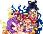  :d antinomy_of_common_flowers blue_bow blue_hair bow bracelet debt diamond_(shape) dress drill_hair earrings fingernails fire gem hair_bow harukawa_moe jewelry long_hair multiple_girls necklace official_art open_mouth orange_eyes orange_hair pendant ring short_hair siblings sideways_mouth sisters smile sunglasses touhou transparent_background twin_drills twintails white_dress yorigami_jo'on yorigami_shion 