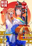  2018 :o absurdres akita_inu animal animal_ears bangs bell black_hair blue_eyes blue_kimono blunt_bangs blush bow chinese_zodiac clothed_animal cowboy_shot dog dog_ears egasumi flower from_side hair_flower hair_ornament hairclip highres holding holding_animal japanese_clothes jingle_bell kimono large_bow long_hair long_sleeves looking_at_viewer looking_to_the_side mirea mole mole_under_eye open_mouth orange_bow original print_kimono rope shimenawa sidelocks signature solo standing tassel translation_request whiskers wide_sleeves year_of_the_dog 