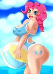  alternate_species ball beach_ball blue_eyes breast_grab breast_squeeze breasts butt clothing cutie_mark friendship_is_magic hair hand_on_breast human humanized looking_at_viewer mammal my_little_pony nipples open_mouth pink_hair pinkie_pie_(mlp) puffy_nipples ryujisama smile swimsuit tattoo 