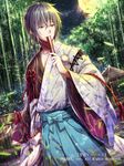  bamboo brown_eyes dutch_angle fan folding_fan gabiran grey_hair hakama japanese_clothes male_focus moon night official_art outdoors seisen_cerberus shrine solo standing watermark wide_sleeves 