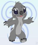  2017 4_fingers 4_toes alien chest_tuft cielo_(random-akatsuki-dude) claws disney experiment_(species) eyelashes fan_character fur gradient_background grey_claws grey_fur grey_nose head_tuft lilo_and_stitch open_mouth open_smile purple_eyes signature simple_background small_tail smile solo specky-arts toes tuft 