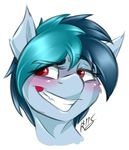  2018 ambiguous_gender big-mac-115 blue_hair blush delta_vee digital_media_(artwork) equine eyebrows eyebrows_visible_through_hair eyelashes fan_character front_view fur green_hair grey_fur grin hair headshot_portrait hi_res horse looking_at_viewer mammal multicolored_hair my_little_pony pink_eyes pointy_ears pony portrait reaction_image signature simple_background smile solo teeth two_tone_hair white_background 